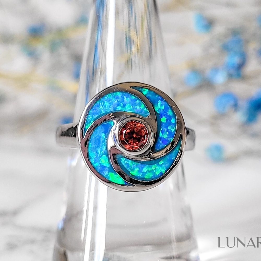925 Sterling Silver Swirl Blue Opal & Red Garnet CZ Ring, Size 8